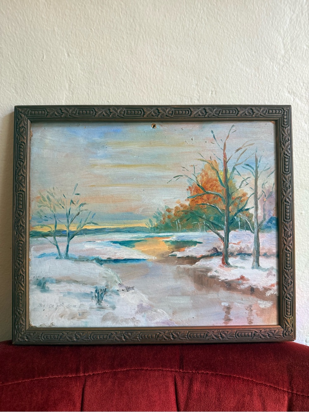 Vintage original framed winter scene framed oil painting